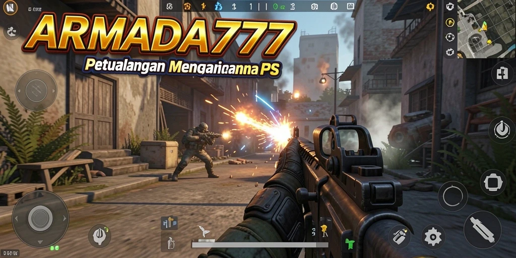 Screenshot menampilkan aksi intens dalam gameplay FPS ARMADA777.