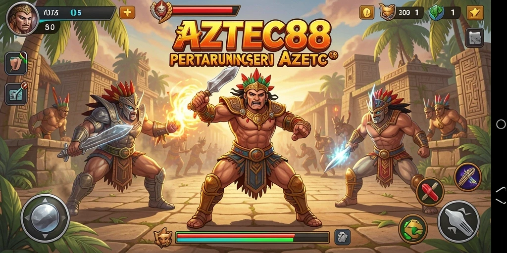 Screenshot gameplay AZTEC88 memperlihatkan pertarungan intens antara karakter.
