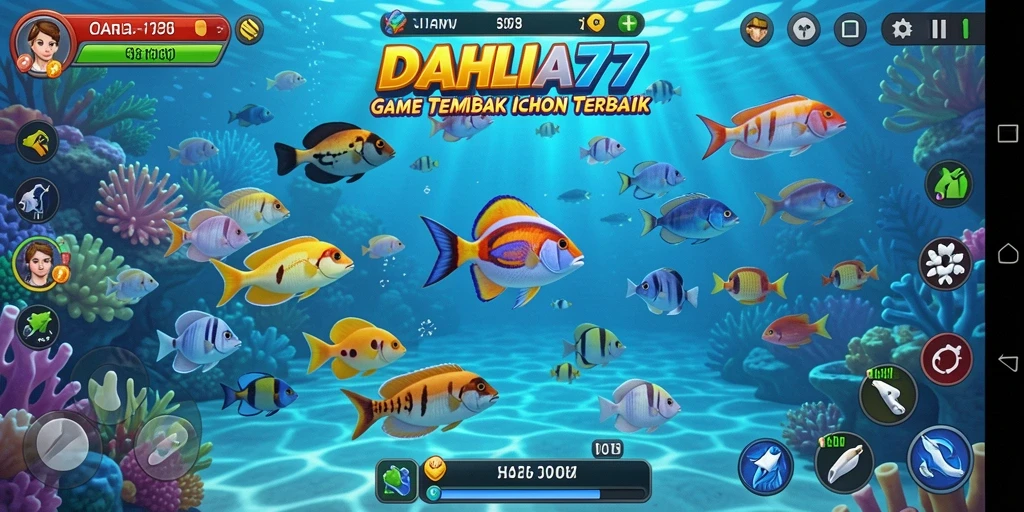 Tampilan gameplay seru dari DAHLIA77 dengan aksi menembak ikan.