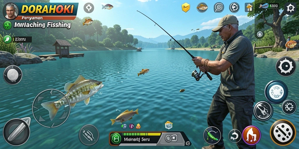 Tampilan screenshot DORAHOKI dengan gameplay memancing yang menarik.