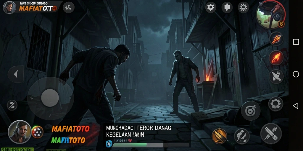 Screenshot gameplay MAFIATOTO menunjukkan momen menegangkan dalam kegelapan.