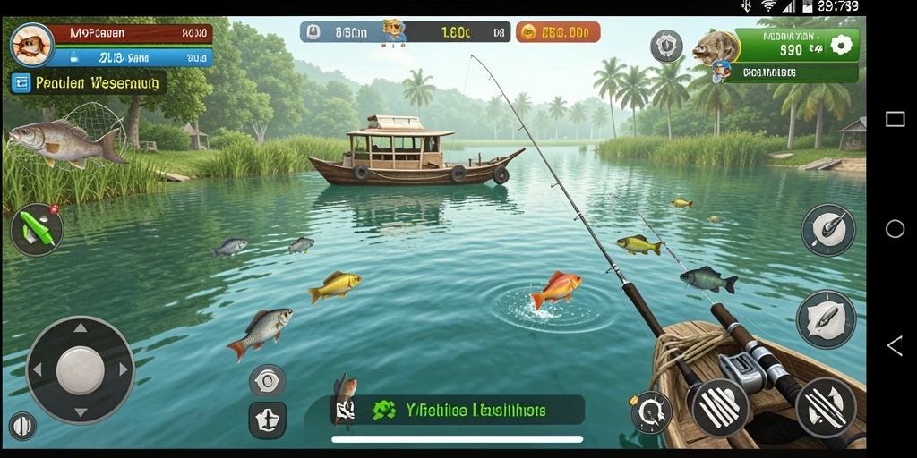 Screenshot game MVP789 menunjukkan pemain menangkap ikan besar di lokasi memancing yang indah.