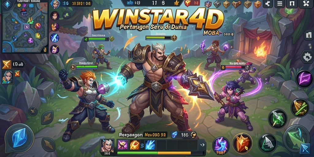 Screenshot gameplay <strong>WINSTAR4D</strong> dengan aksi pertarungan seru di arena MOBA.