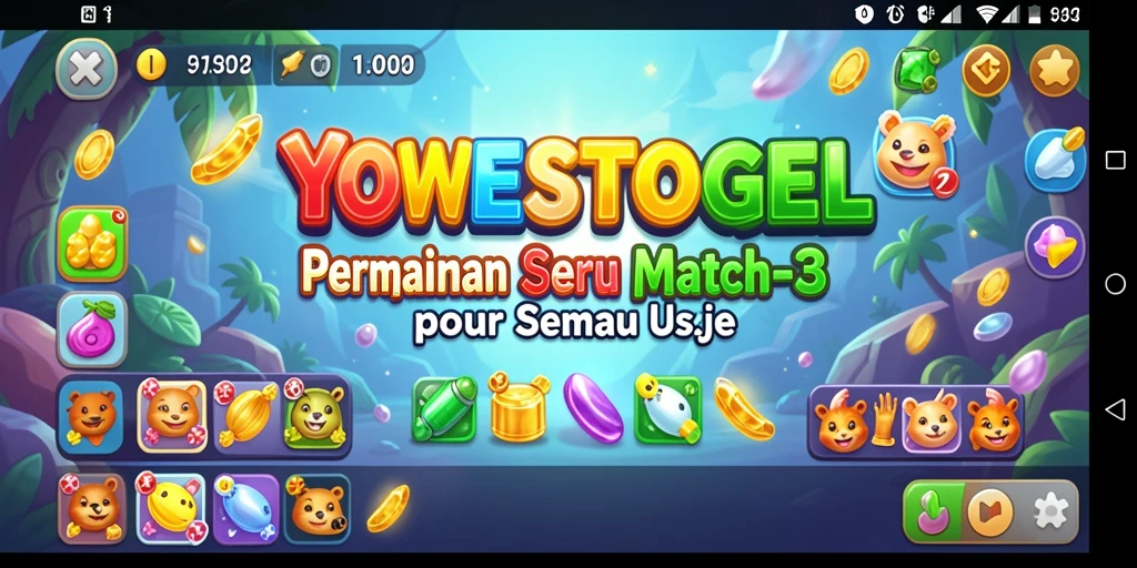 Tampilan gameplay seru di YOWESTOGEL yang menampilkan level Match-3 yang menantang.